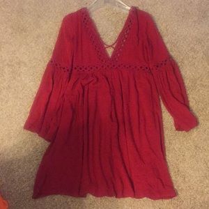Red embroidered v cut dress
